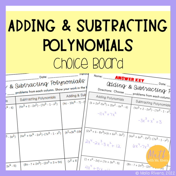 Adding and Subtracting Polynomials Choice Board Worksheet for Algebra 1 Cover