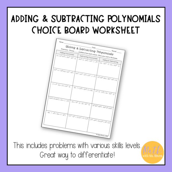 Adding and Subtracting Polynomials Choice Board Worksheet for Algebra 1 Thumbnail 1