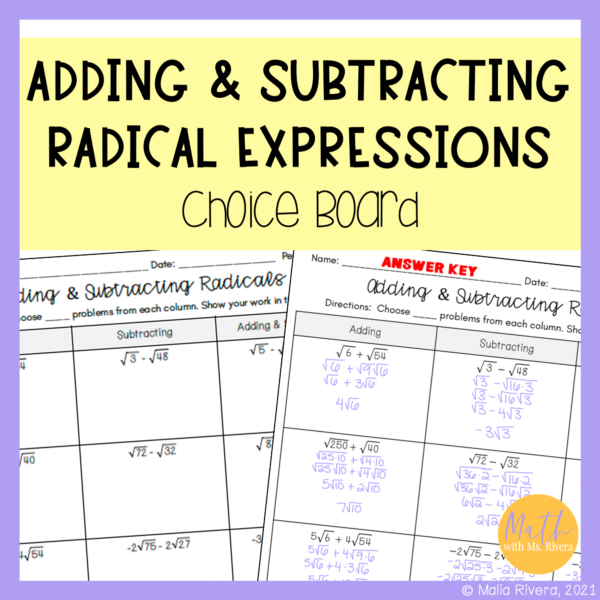 Adding and Subtracting Radicals Choice Board Worksheet for Algebra 1 Cover