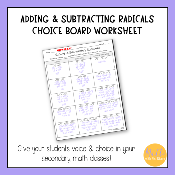 Adding and Subtracting Radicals Choice Board Worksheet for Algebra 1 thumbnail 2