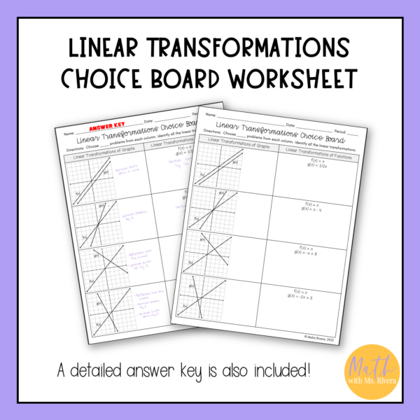 linear function transformations choice board worksheet algebra 1 thumbnail 2