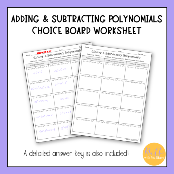 Adding and Subtracting Polynomials Choice Board Worksheet for Algebra 1 Thumbnail 2