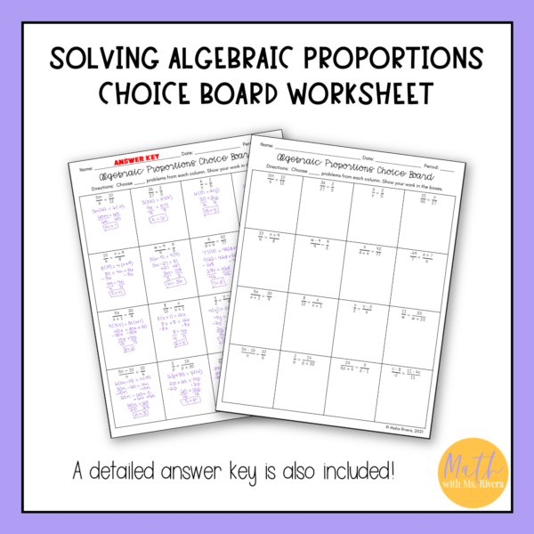 Solving Algebraic Proportions Choice Board Worksheet for Algebra 1 Thumbnails 1