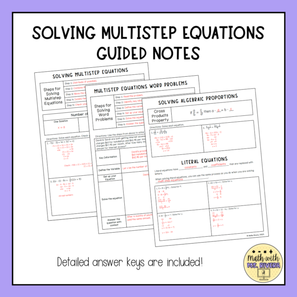 Solving Multi Step Equations Review Guided Notes for Algebra 2 thumbnail 1