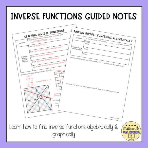 Inverse Functions Guided Notes for Algebra 2 thumbnail 1