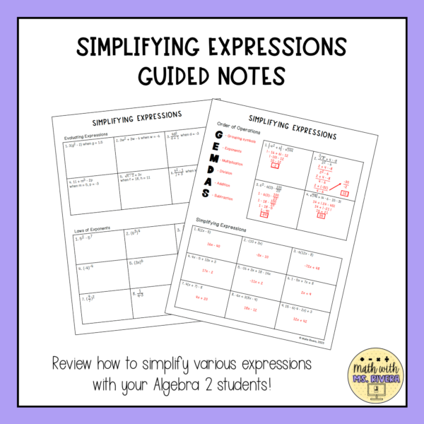 Simplifying Expressions Review Guided Notes for Algebra 2 thumbnail 3