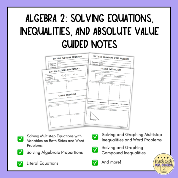 Solving Equations, Inequalities, Absolute Value Guided Notes Bundle for Algebra 2 thumbnail 1