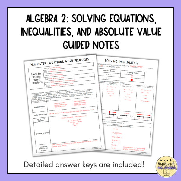 Solving Equations, Inequalities, Absolute Value Guided Notes Bundle for Algebra 2 thumbnail 3