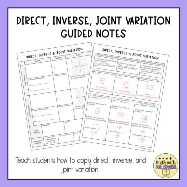 Direct, Inverse, and Joint Variation Guided Notes Algebra 2 thumbnail 3