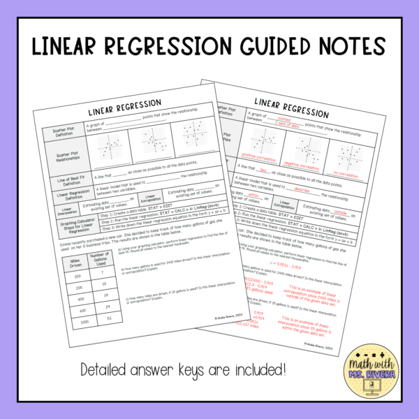 Linear Regression Guided notes for Algebra 2 thumbnail 3