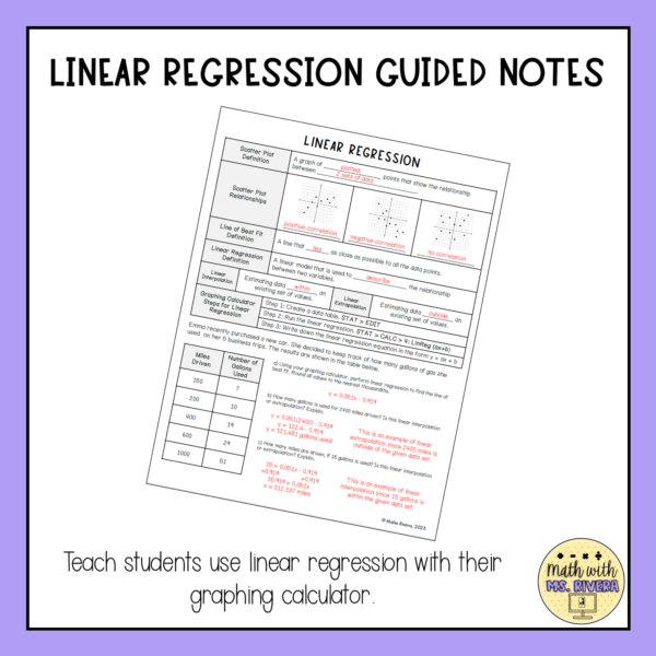 Linear Regression Guided notes for Algebra 2 thumbnail 2