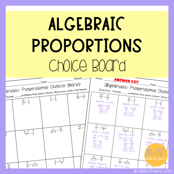 Solving Algebraic Proportions Choice Board Worksheet for Algebra 1 Cover