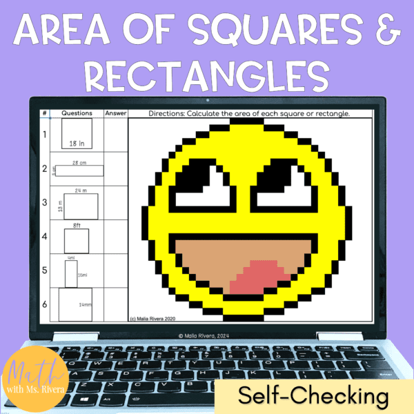 Finding Area of Squares and Rectangles Pixel Art Digital Self Checking ...
