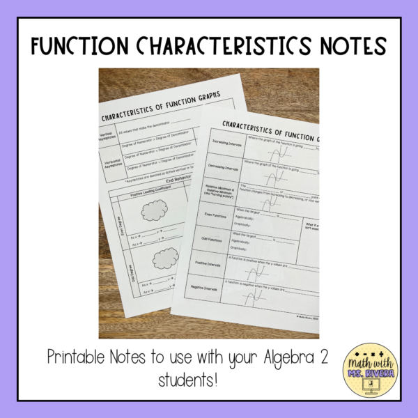 Function Characteristics Guided Notes for Algebra 2 Thumbnail 1