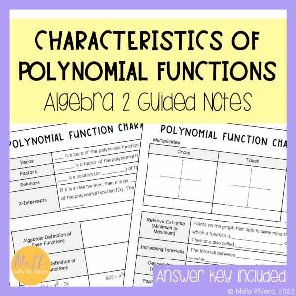 Characteristics of Polynomial Functions Guided Notes Lesson | Algebra 2 ...