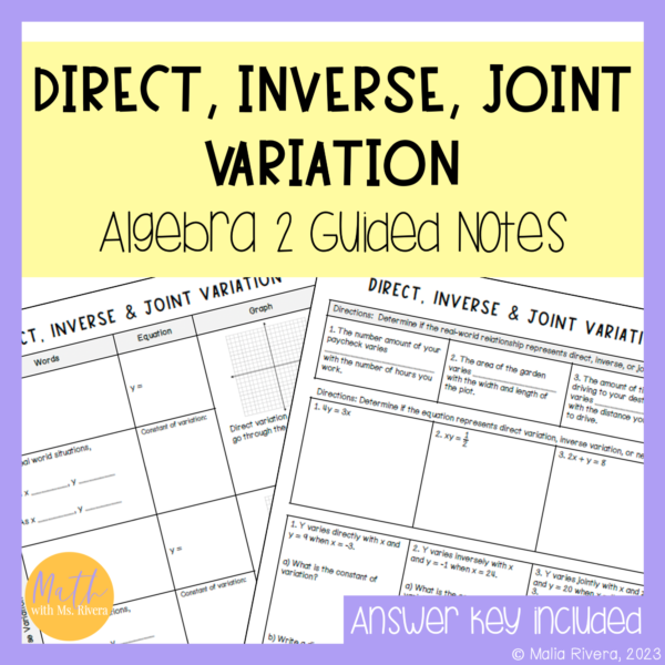 Direct, Inverse, and Joint Variation Guided Notes for Algebra 2 Cover