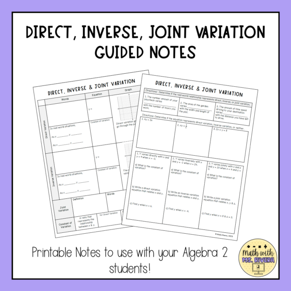 Direct, Inverse & Joint Variation Guided Notes for Algebra 2 - Image 4