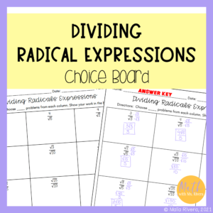 Dividing Radical Expressions Choice Board Worksheet for Algebra 1 COVER