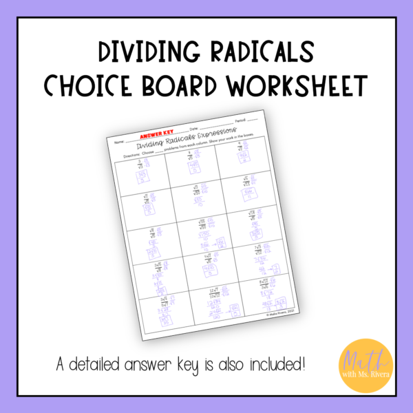 dividing radicals choice board worksheet for algebra 1 thumbnail 3