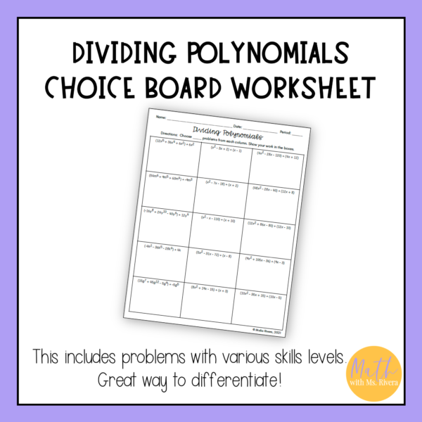 Dividing Polynomials choice board worksheet thumbnail 1