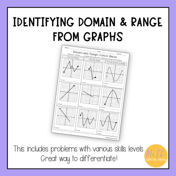 Identifying domain and range from graphs choice board worksheet for algebra 1 thumbnail 1