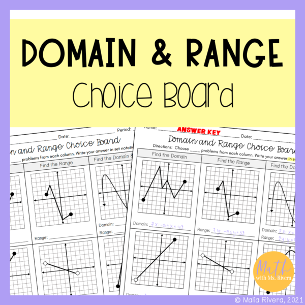 Domain and Range Choice Board Worksheet Cover