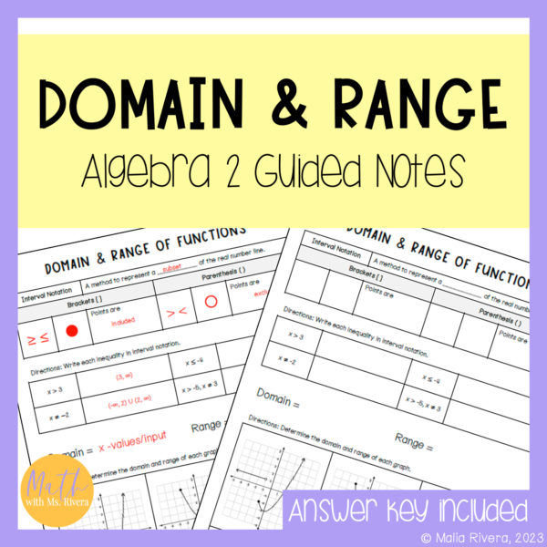 Domain & Range of Functions Guided Notes for Algebra 2 Cover