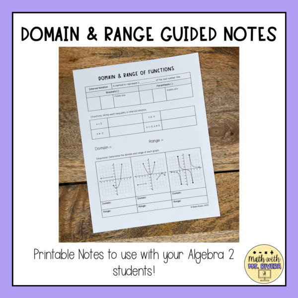 Domain & Range of Functions Guided Notes for Algebra 2 Thumbnail 1