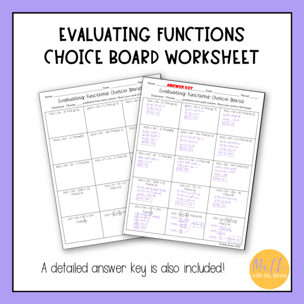 Evaluating Functions in Function Notation Choice Board Worksheet for Algebra 1 thumbnail 1