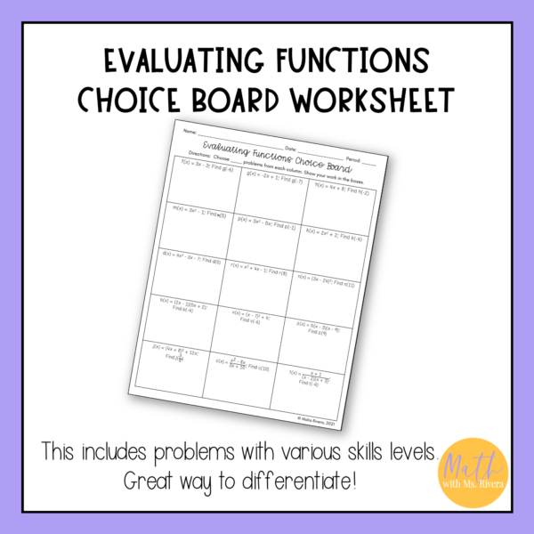 Evaluating Functions in Function Notation Choice Board Worksheet for Algebra 1 thumbnail 2