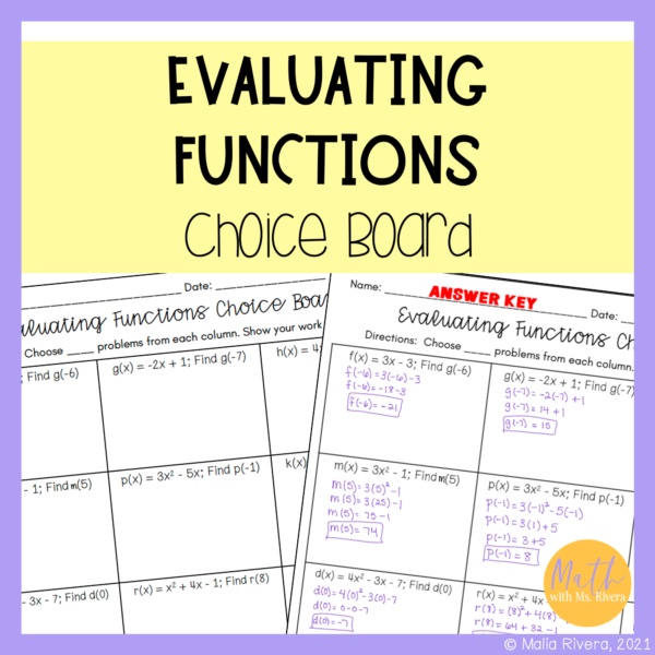 Evaluating Functions in Function Notation Choice Board Worksheet for Algebra 1 Cover