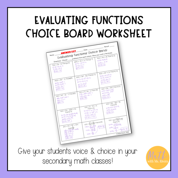 Evaluating Functions in Function Notation Choice Board Worksheet for Algebra 1 thumbnail 3