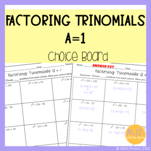 Factoring Trinomials When A is 1 Choice Board Worksheet for Algebra 1 Cover