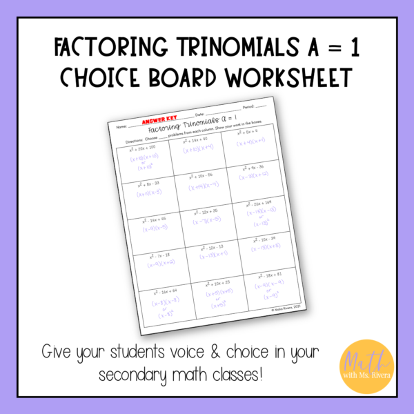 Factoring Trinomials When A is 1 Choice Board Worksheet for Algebra 1 thumbnail 1