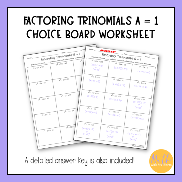 Factoring Trinomials When A is 1 Choice Board Worksheet for Algebra 1 thumbnail 2