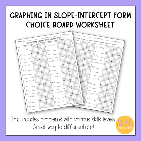 graphing in slope intercept form choice board worksheet for algebra 1 thumbnail 1