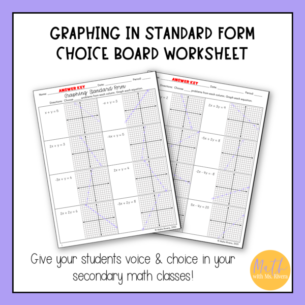 Graphing Linear equations in standard form choice board worksheet for algebra 1 thumbnail 3