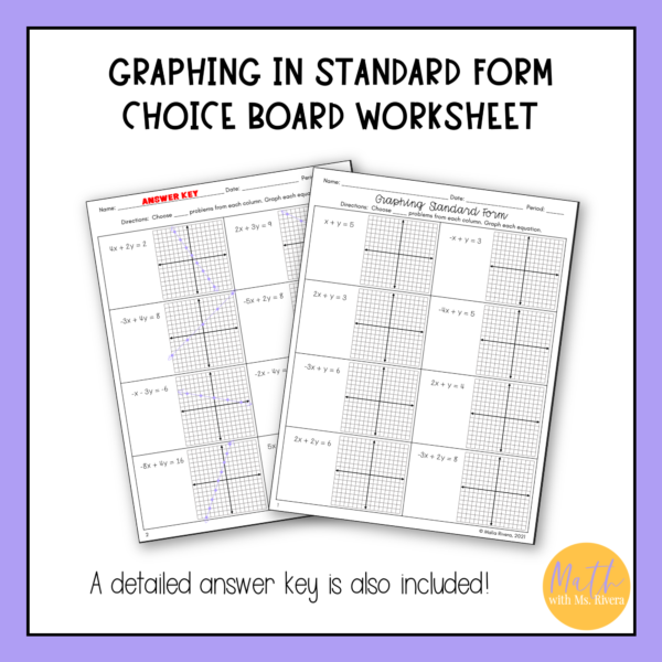 Graphing Linear equations in standard form choice board worksheet for algebra 1 thumbnail 1