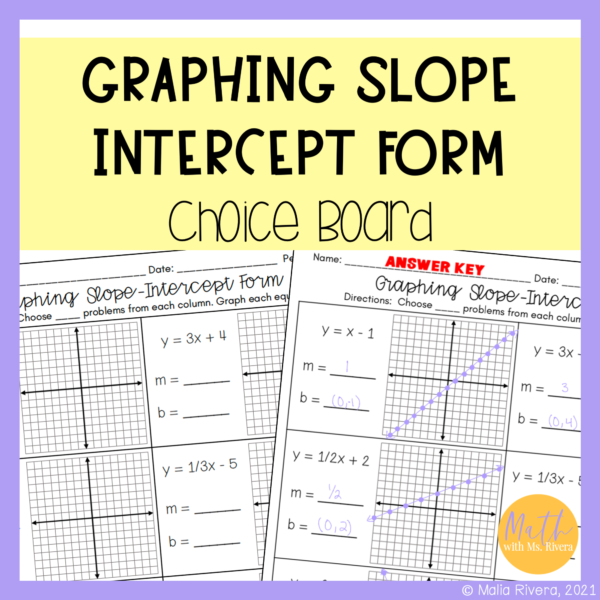 graphing in slope intercept form choice board worksheet cover