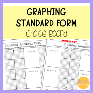 graphing linear equations in standard form choice board worksheet for algebra 1 cover