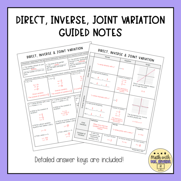 Direct, Inverse, and Joint Variation Guided Notes Algebra 2 thumbnail 2