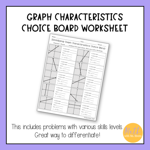 Identifying Linear Graph Characteristics Choice Board Worksheet for Algebra 1 thumbnail 2