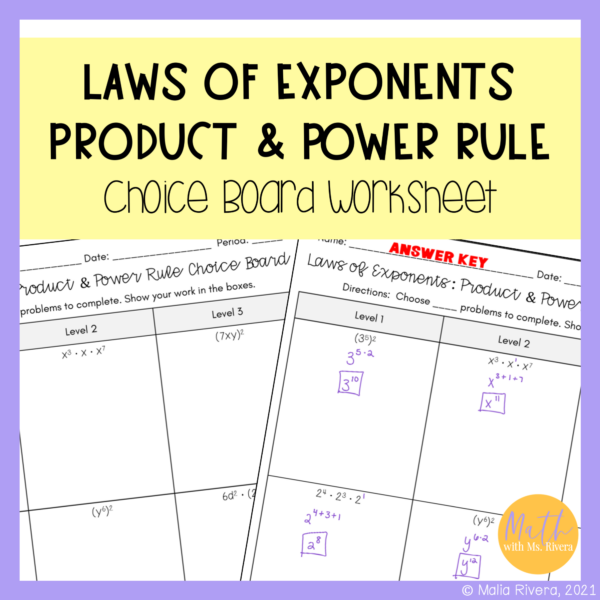 Exponent Rules Practice Product and Power Rule Worksheet Choice Board for Algebra 1