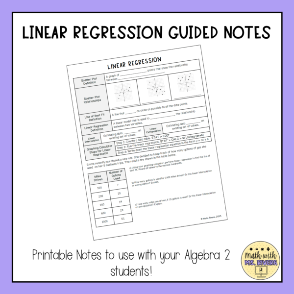 Linear Regression Guided notes for Algebra 2 thumbnail 1