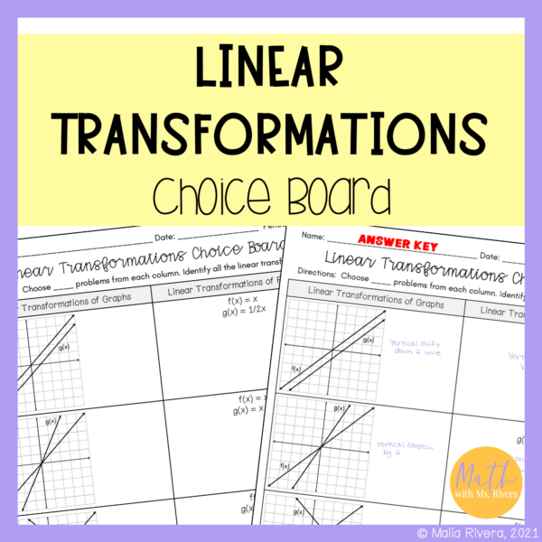 linear transformation choice board worksheet for algebra 1 cover