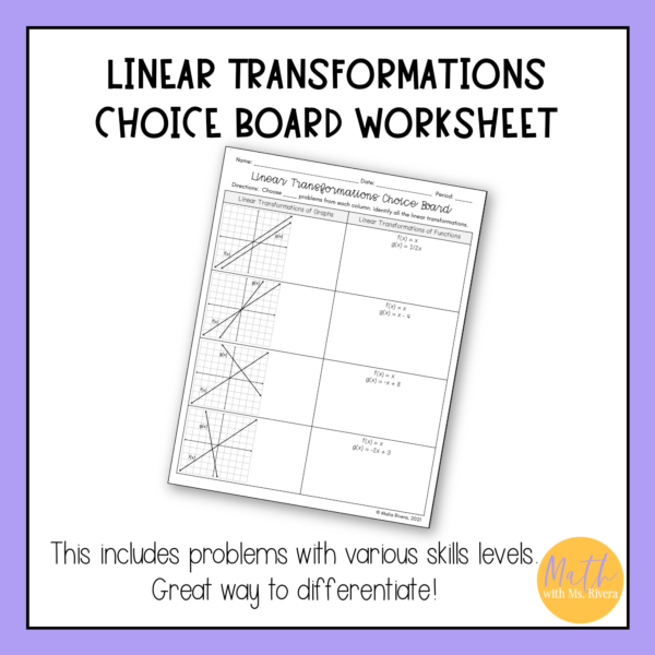 linear function transformations choice board worksheet algebra 1 thumbnail 1