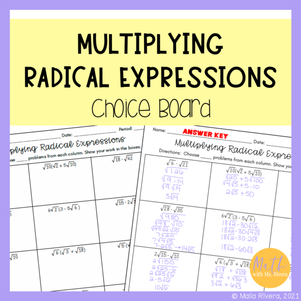 Multiplying Radical Expressions Worksheet Choice Board for Algebra 1