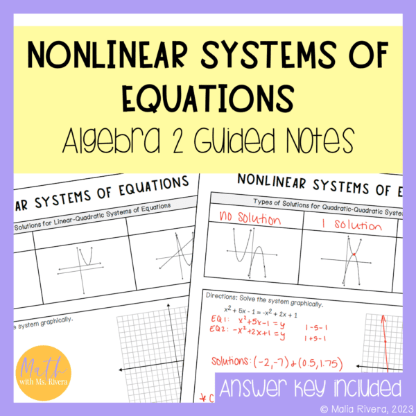 Nonlinear Systems of Equations Guided Notes for Algebra 2 - Maila ...