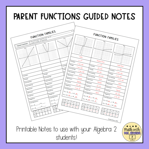 Parent Functions and Function Families Guided Notes for Algebra 2 thumbnail 1