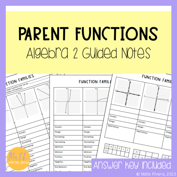 Parent Functions and Function Families Guided Notes for Algebra 2 Cover